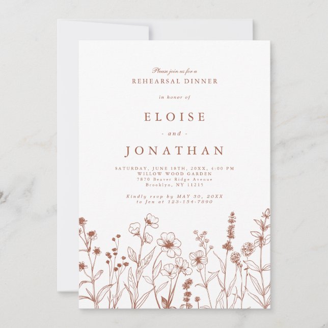 Terracotta Fall Boho Wildblomme Rehearsal Dinner Inbjudningar (Framsida)