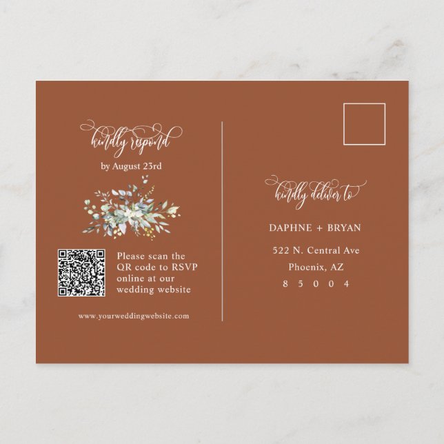 Terracotta Fall Grönt Löv QR Code Adress OSA Vykort (Baksida)