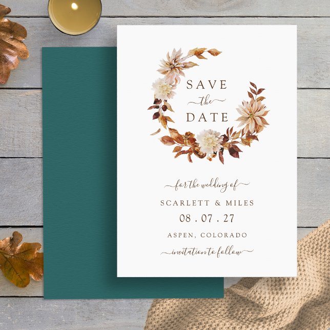Terracotta Fall Wandan Bröllop spara datum Datumet (Terracotta Fall Leaves Wreath Wedding Save The Date by Painted Paperie
)