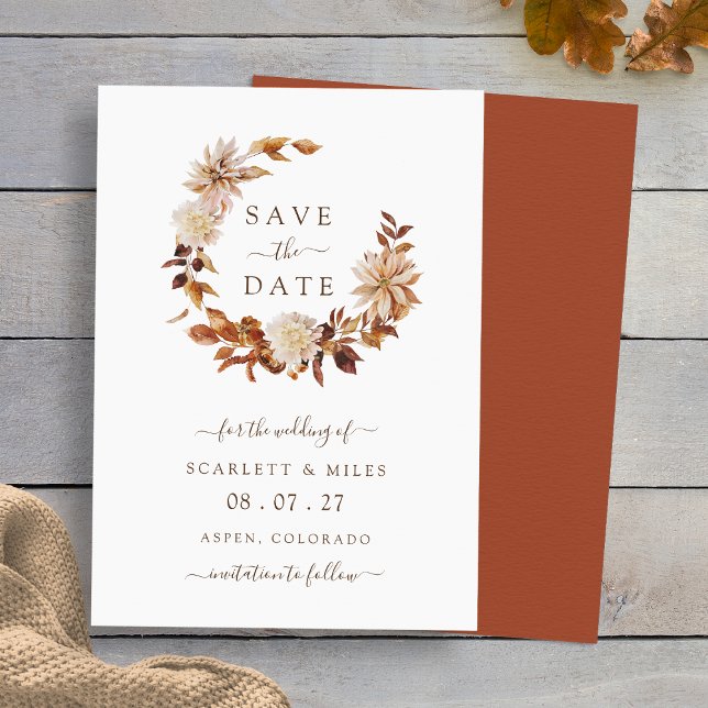 Terracotta Fall Wandan Bröllop spara datum Spara Datumet (Terracotta Fall Wreath Wedding Save The Date Invitation by Painted Paperie
)