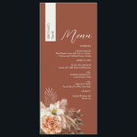 Terracotta Fall Wedding Menu med Guest Namn Meny<br><div class="desc">Ta mysigt fallelegans till bord i bröllop med den här personligen Terracotta bröllop-menyn som visar varje gästs namn på en lodrät krämremsa. Rikens rost-bakgrund anger tonen för hösten firande, medan mjuka , persikofärgade och elfenbensartade blommigtar med torkat blad tillför rustik romantik. En ren layout med skript för elegant och serif...</div>