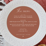 Terracotta Fall Wedding | Minimalistisk runda för  Meny<br><div class="desc">Lägg till en varm, jordnära vibe till firande med det här eleganten terracotta runt menykort, designat för det moderna bohos-paret. Med en ren minimalistisk layout och rikens fallton blandar den här cirkelformade menyn i lera färg med rustik charm med contemporary stil. Perfekt för hösten bröllop, solnedgång eller ökeninspirerade evenemang. Helt...</div>