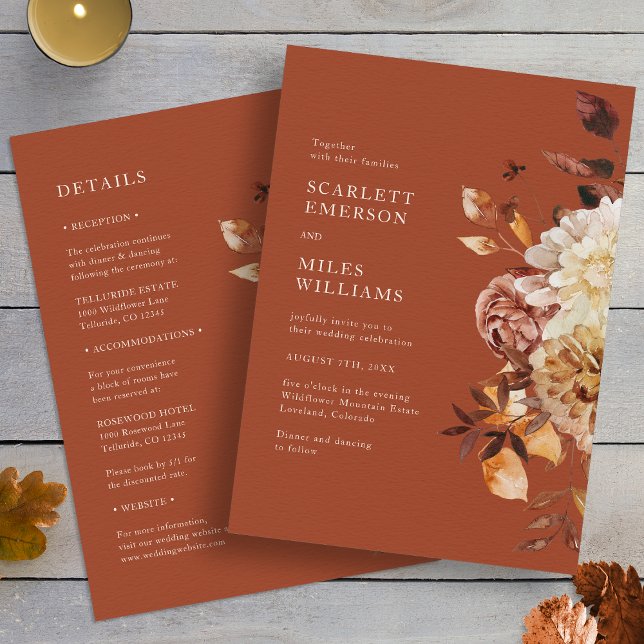 Terracotta faller allt på en Bröllop Inbjudningar (Rustic Terracotta Fall Floral All In One Wedding Invitation by Painted Paperie
)