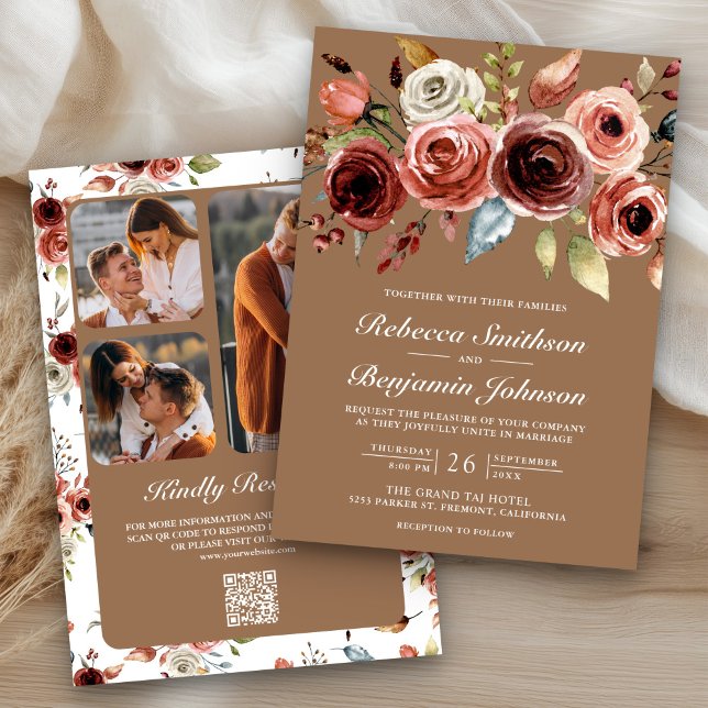 Terracotta Floral Beige Tan QR Code Wedding Inbjudningar (Skapare uppladdad)
