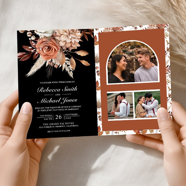 Terracotta Floral Black QR Code Wedding Inbjudan (Skapare uppladdad)