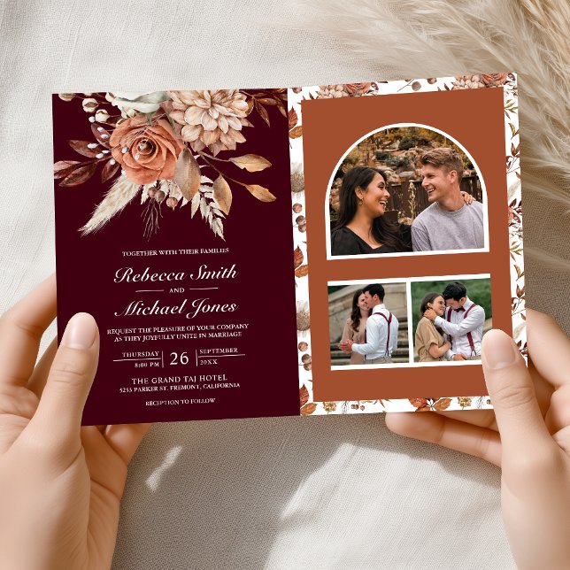 Terracotta Floral Burgundy QR Code Wedding Inbjudan (Skapare uppladdad)