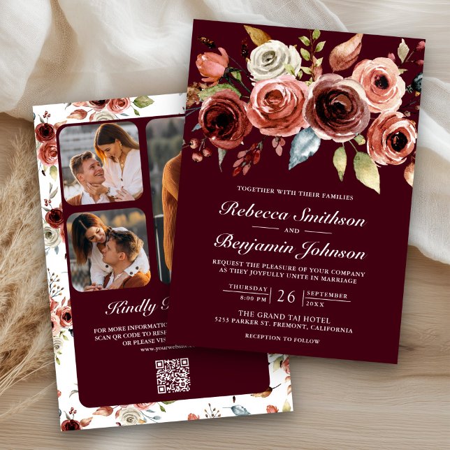 Terracotta Floral Burgundy QR Code Wedding Inbjudningar (Skapare uppladdad)