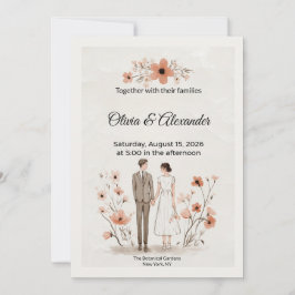 Terracotta Floral & Couple Illustration Wedding Kort