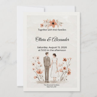 Terracotta Floral & Couple Illustration Wedding Kort