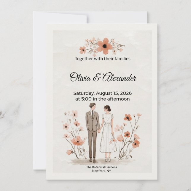 Terracotta Floral & Couple Illustration Wedding Kort (Framsida)