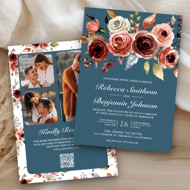 Terracotta Floral Dusty Blue QR Code Wedding Inbjudningar (Skapare uppladdad)