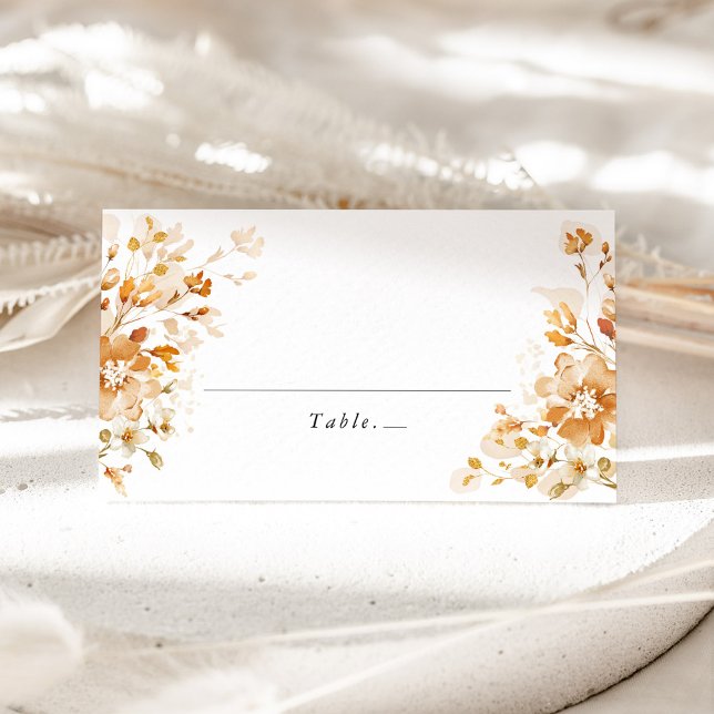 Terracotta Floral Elegant Wedding Place Card Placeringskort (Terracotta floral wedding place card with elegant calligraphy, burnt orange table name card)