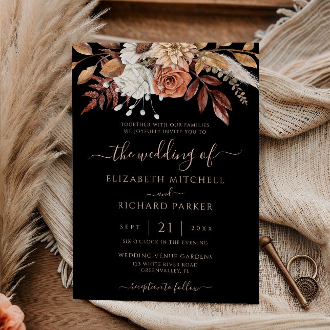 Terracotta Floral Fall Foliage Moody Black Wedding Inbjudningar (Skapare uppladdad)