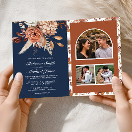 Terracotta Floral Navy Blue QR Code Wedding Inbjudan