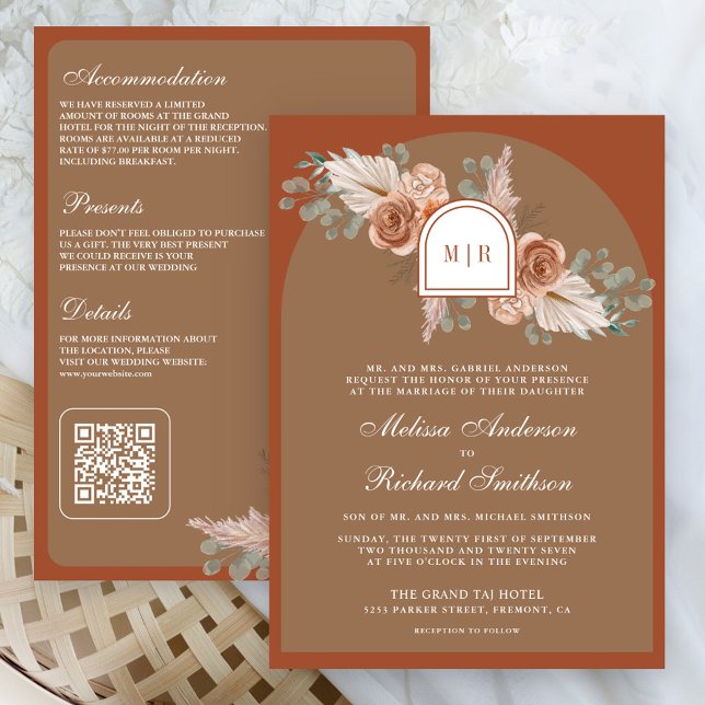 Terracotta Floral Pampas Beige Tan QR Code Wedding Inbjudningar (Skapare uppladdad)