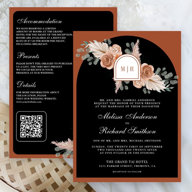 Terracotta Floral Pampas Black QR Code Wedding Inbjudningar (Skapare uppladdad)