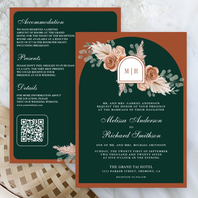 Terracotta Floral Pampas Emerald QR Code Wedding Inbjudningar (Skapare uppladdad)