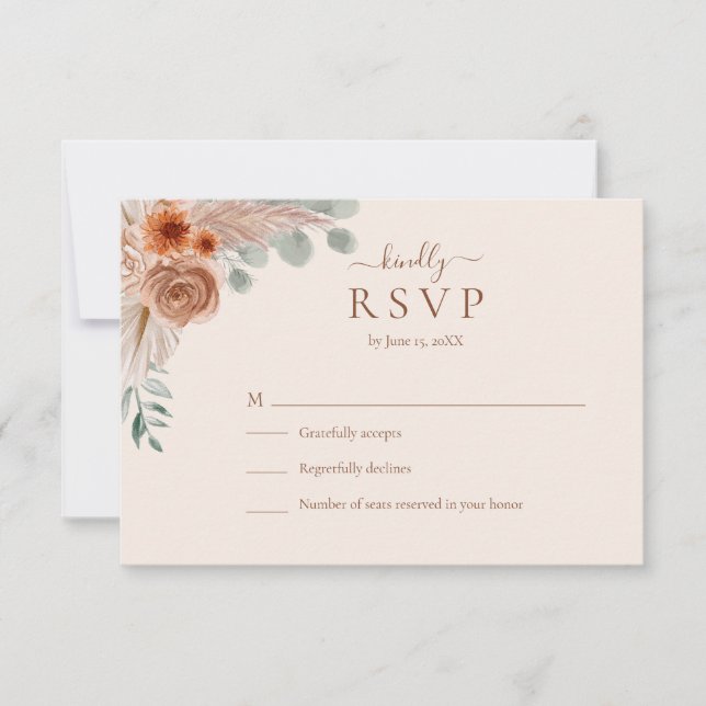 Terracotta Floral Pampas Grass Wedding RSVP Card OSA Kort (Framsida)