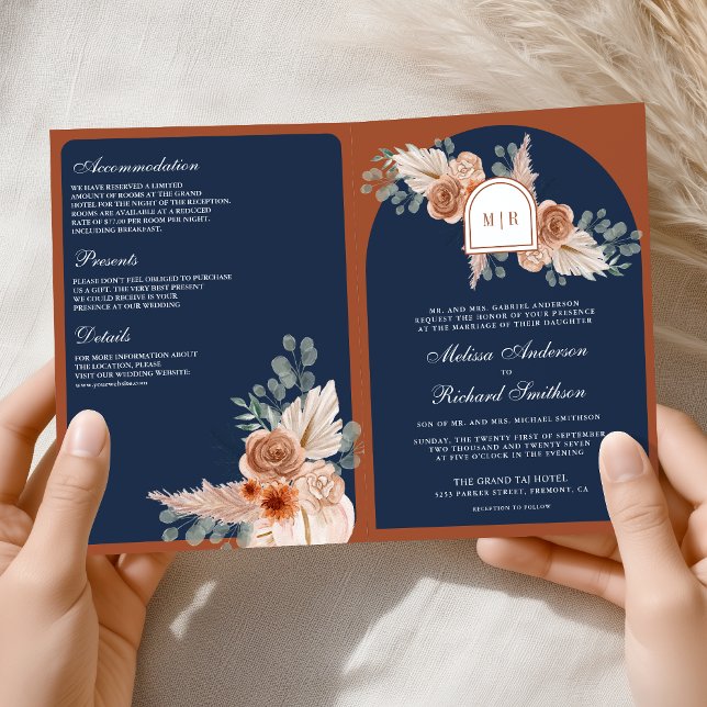 Terracotta Floral Pampas Navy Blue QR Code Wedding Inbjudan (Skapare uppladdad)