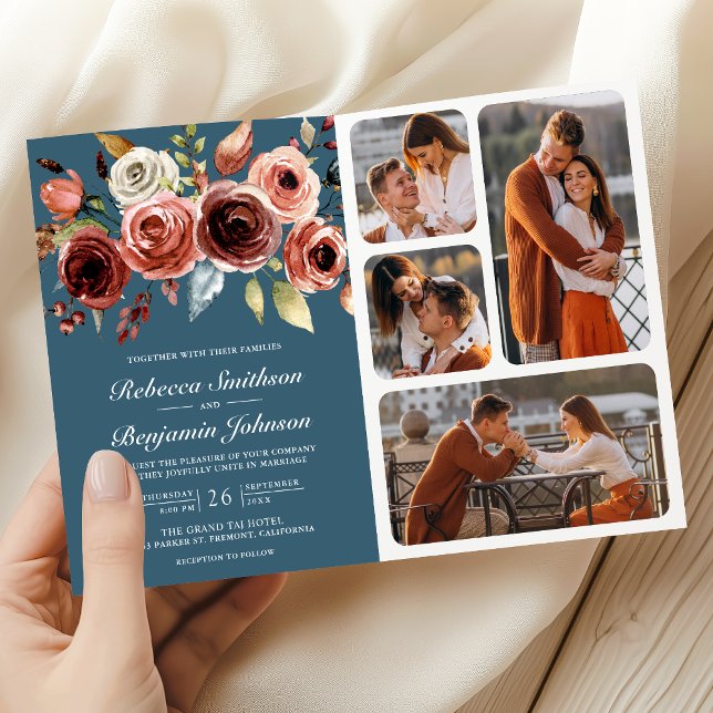 Terracotta Floral QR Code Dusty Blue Wedding Inbjudan (Skapare uppladdad)