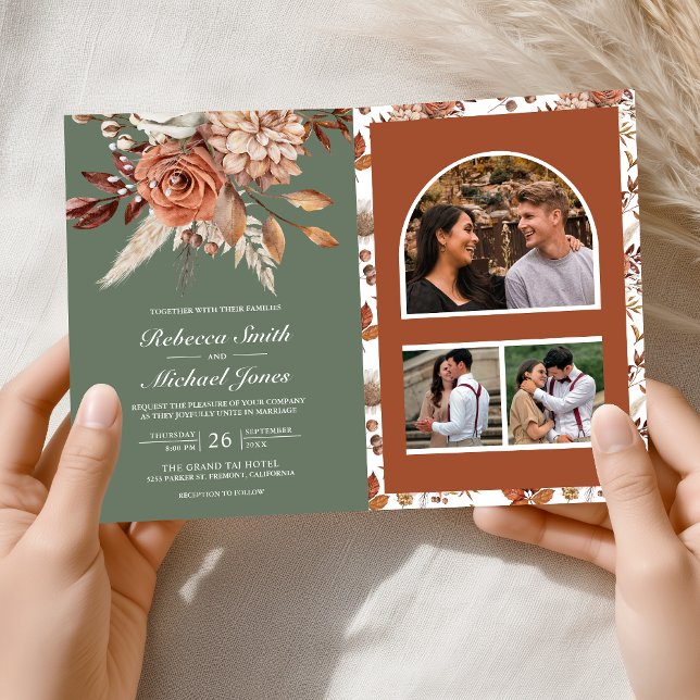 Terracotta Floral Sage Green QR Code Wedding Inbjudan (Skapare uppladdad)