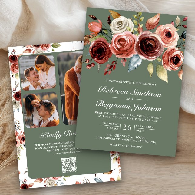 Terracotta Floral Sage Green QR Code Wedding Inbjudningar (Skapare uppladdad)
