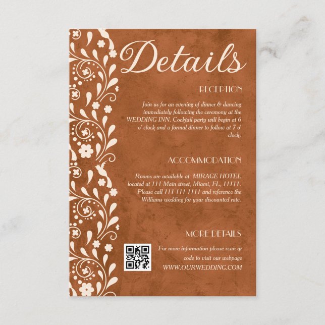 Terracotta Floral Wedding Details QR code Tilläggskort (Framsida)