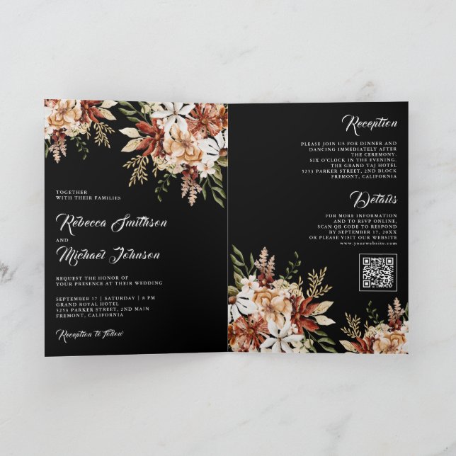 Terracotta Floral Wildflower Black Wedding Inbjudan (Inuti)
