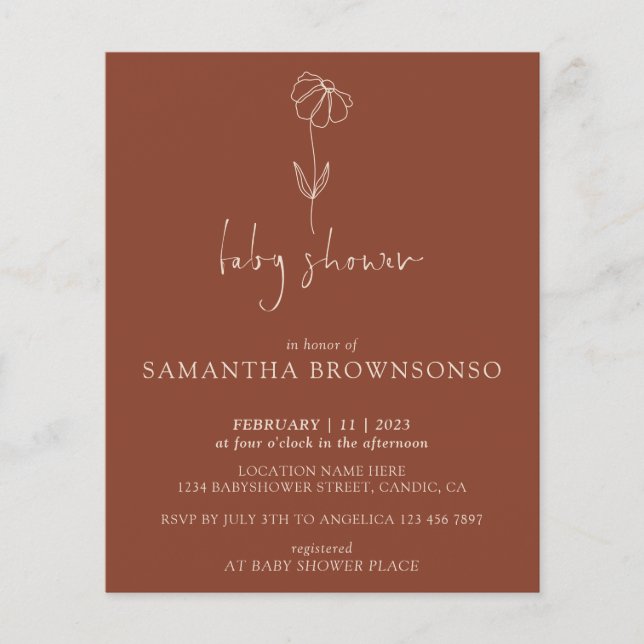 Terracotta Flower Botanical Budget Baby Shower Flygblad (Framsidan)