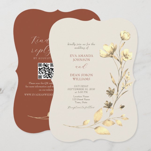 Terracotta Flowers Boho Fall Wedding Inbjudningar (Fram/baksida)