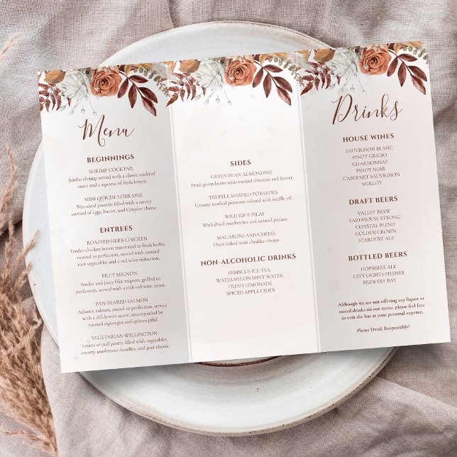 Terracotta Flowers Boho Fall Wedding Trifold Menu (Skapare uppladdad)
