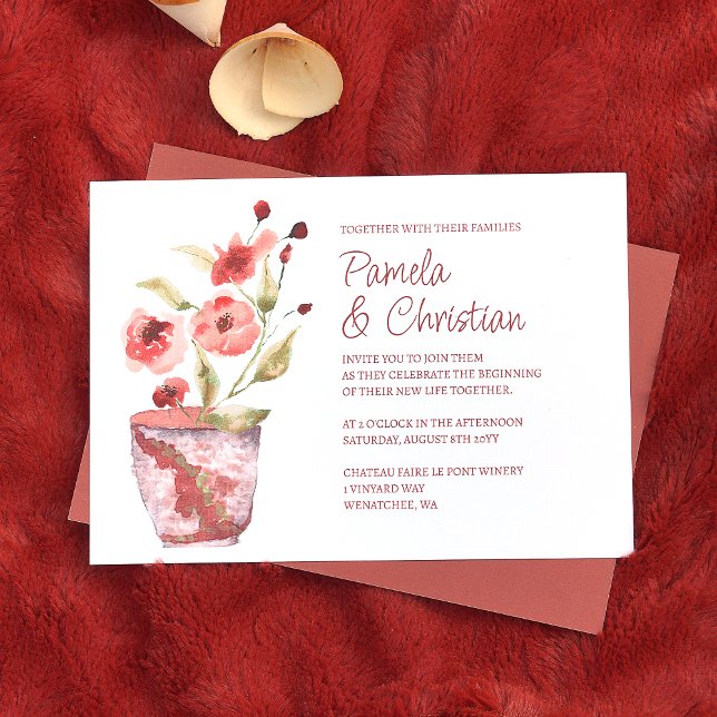 Terracotta Flowers, Botanical Clay Pot Bröllop Inbjudningar (terracotta rust clay pot wedding invitations, floral copper pink flowers and green leaves)