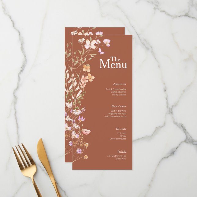 Terracotta Flowers Bröllop Event Menu Bord Decor Meny (Fram/Back In Situ)