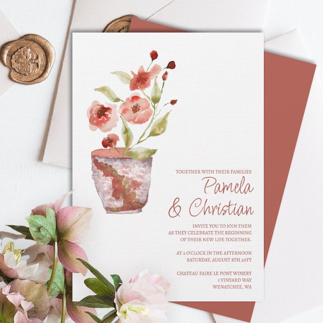 Terracotta Flowers, Clay Pot Wedding Investigation Inbjudningar (terracotta clay potted plant simple wedding invitation rust copper pink light green leaves wedding )