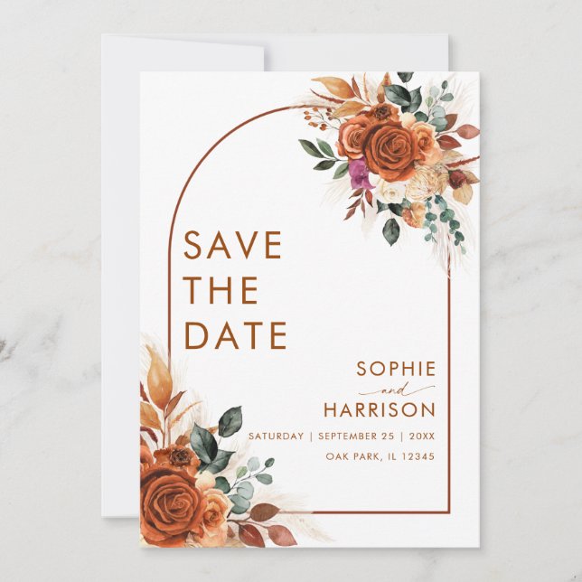 Terracotta Flowers Pampas Grass Rust Spara dagen Inbjudningar (Framsida)