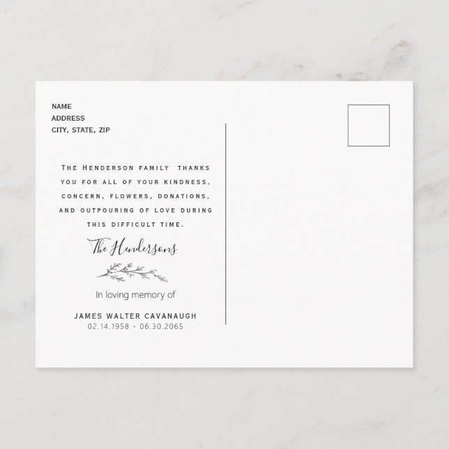 Terracotta Foliage Funeral Tack Namn & Date Vykort (Baksida)