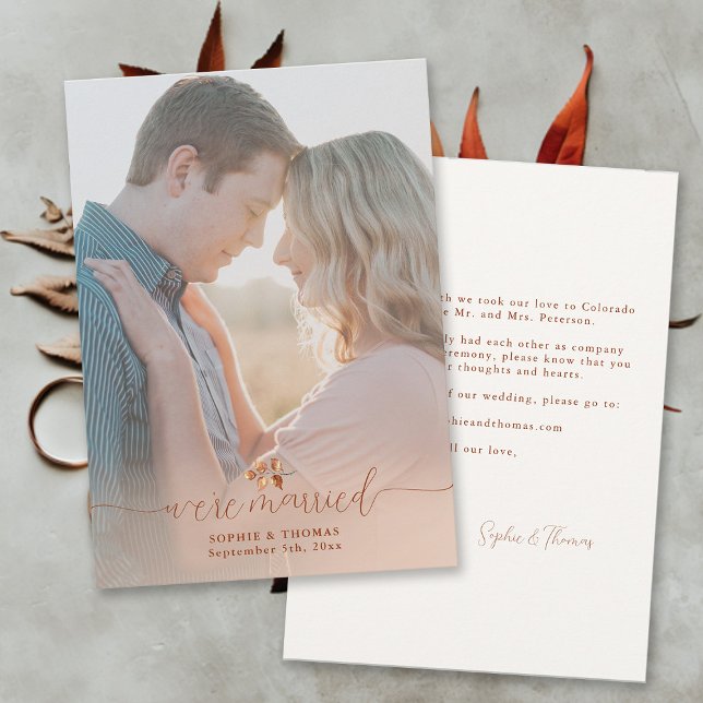 Terracotta Foliage Photo Elopement Announcement Inbjudningar (Were Married Terracotta Photo Elopement Announcement Modern Calligraphy Elegant Feminine Fall Autumn)