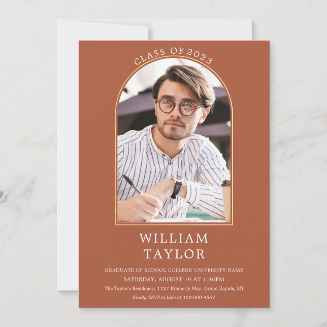 Terracotta Gold Arch Foto-exemplar för examensfest Inbjudningar (Framsida)