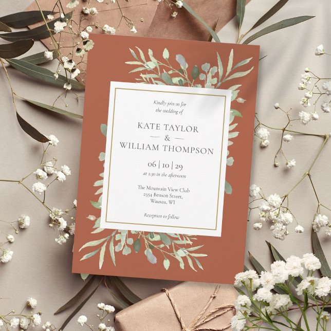 Terracotta Greenery Foliage Guld Bröllop Inbjudningar (Terracotta Greenery Foliage Gold Wedding Invitation)