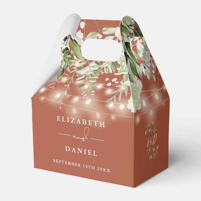 Terracotta Greenery String Ljus Monogram Bröllop Presentaskar (Framsidan Sidan)