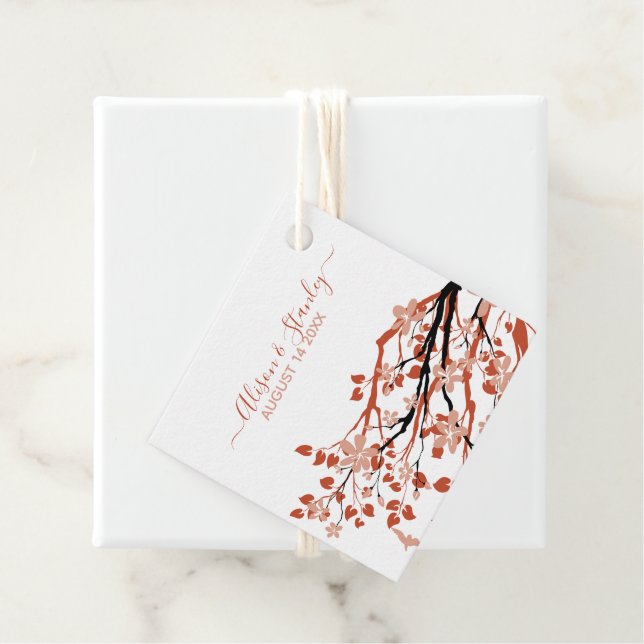 Terracotta gren med mörk persikoblommor bröllop gåvor etiketter (På plats)