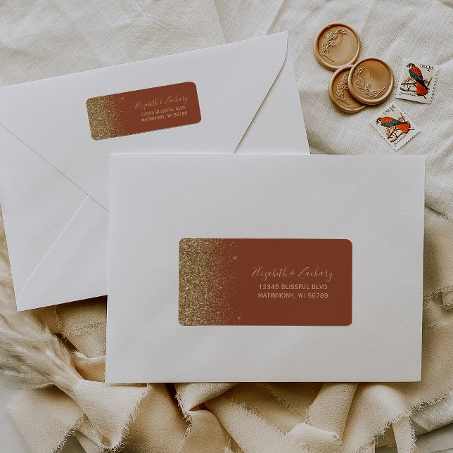 Terracotta Guld Glitter Bröllop Returadress Etikett (Skapare uppladdad)