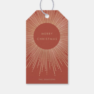 Terracotta &Guld Sunburst Art Deco God jul Presentetikett