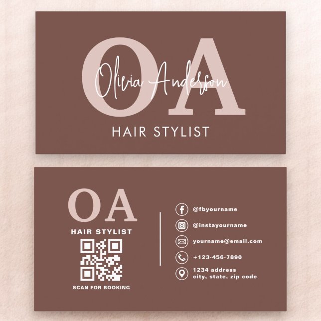 Terracotta Hair Stylist QR Code Monogram Visitkort (Skapare uppladdad)