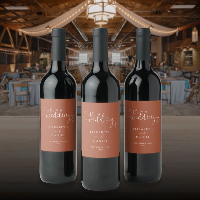 Terracotta Heart Script Bröllop Vinflaska Etikett (Terracotta Heart Script Wedding Wine Label)
