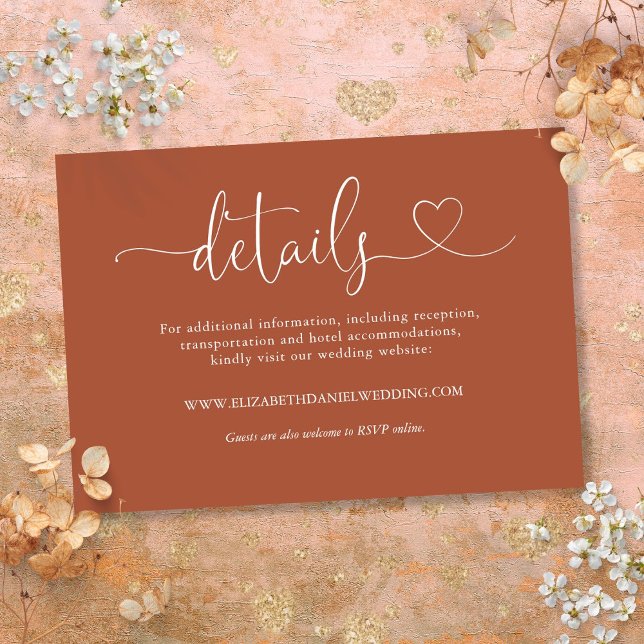Terracotta Heart Script Bröllopsdetaljer Tilläggskort (Terracotta Heart Script Wedding Details Enclosure Card)