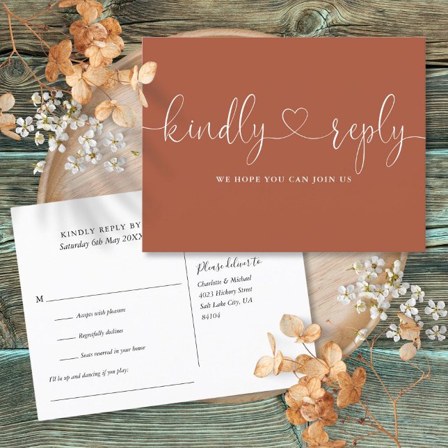 Terracotta Heart Script Sång Request OSA Inbjudan Vykort (Terracotta Heart Script Song Request RSVP Invitation Postcard)