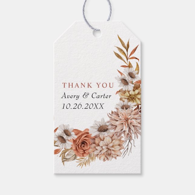 Terracotta höstblommor och löv faller bröllop presentetikett (Framsidan)