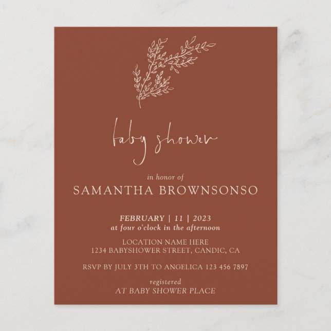 Terracotta Indie Boho Botanical Budget Baby Shower Flygblad (Framsidan)