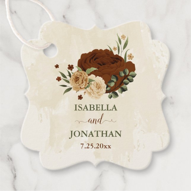 Terracotta-jordton blommigt greenery bröllop gåvor etiketter (Framsida)